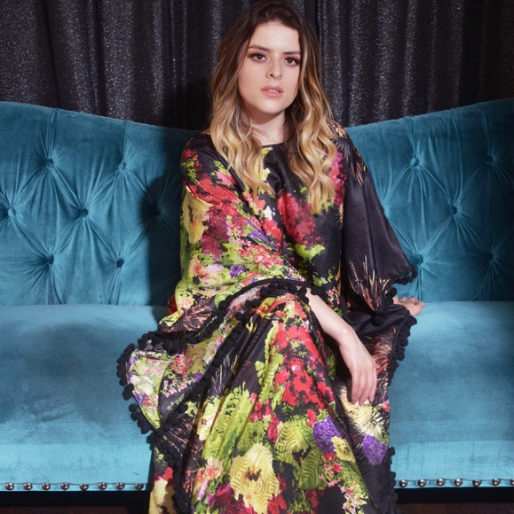 Ellectives Black silk kaftan dress, Plus size resort wear, Floral tunic gown - Picture 4 of 6